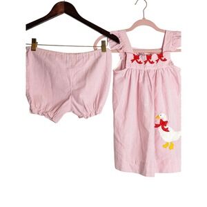 Vintage Carrousel Pink Seersucker Goose Bow Dress Bloomers Set Girls Size 6